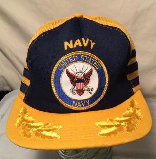 Vintage Us United States Navy Military Gold Leaf Mesh 3 Stripe Hat Cap Snapback
