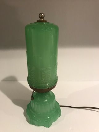 Stunning Vintage Art Deco Green Jadeite Glass 11.  5 " Lamp Skyscraper Rare.