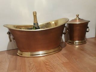 Vintage Set Of 2 Copper And Brass Metal Beverage Ice Tub And Ice Chest Bucket