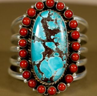 Old Pawn Vintage Navajo Handmade Sterling Coral & Spiderweb Turquoise Bracelet