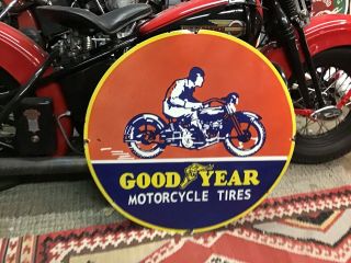 Rare Vintage Porcelain 30” Goodyear Motorcycle Tires Sign Harley - Davidson