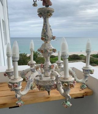 Vintage Italian Style Tole Chandelier With Ceramic Roses Hand Made