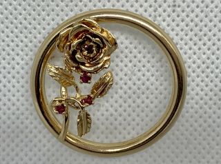 Large Vintage Solid 14k Gold Rose And Ruby Circle Pin/brooch