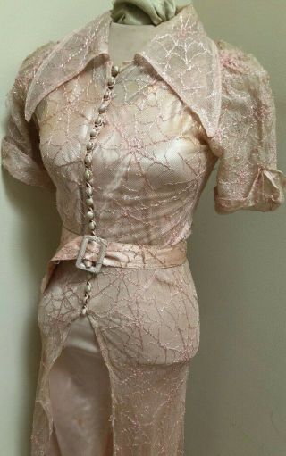 Vintage Long Pink 1930’s Women’s Bias Slip Dress & Web Net Over Dress 32 S