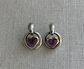 Movado Vintage 925 Sterling Silver 18k Gold Amethyst Heart Stud Earrings