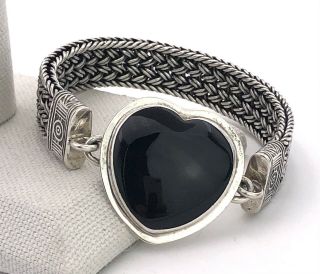 Tabra Vintage Black Onyx Signed Heart Charm Wide Band Sterling Silver Bracelet