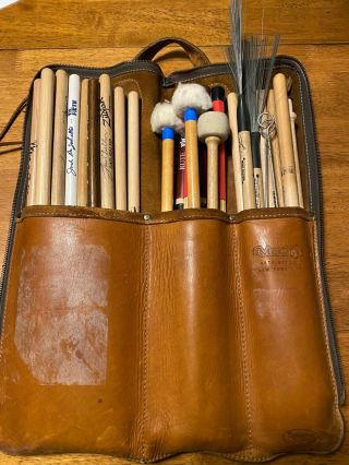 Vintage Leather Drum Stick Bag With Drum Sticks & Brushes