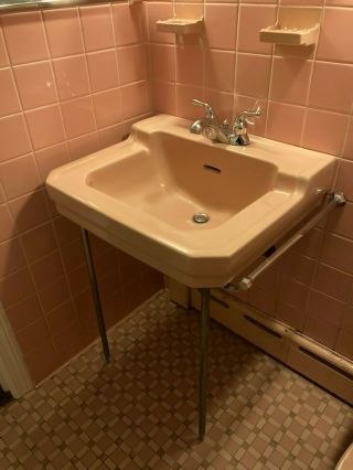 Vintage Pink Bathroom Porcelain Sink W/ Chrome Legs And Towel Bar.