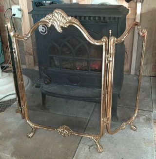 Vintage Heavy Brass Folding Fireplace Screen Ornate Design With Feet Hollywood