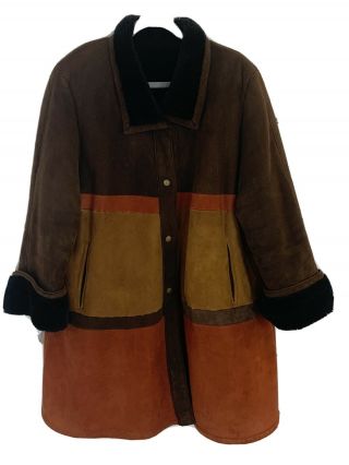 Vintage Birger Christensen Coat Womens Xl? Suede Colorblock Shearling Pockets
