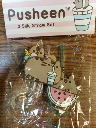 3pc Pusheen Cat Silly Straw Set Exclusive Box & Inflatable Drink Holder