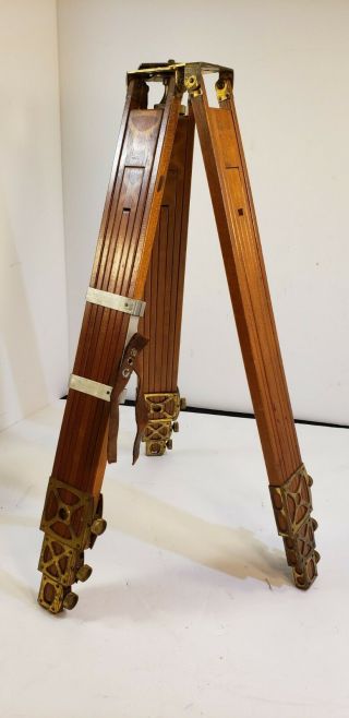 Vintage Wood And Brass Unbranded Camera /survey Tripod Adjustable Height Compact