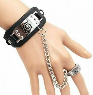 1 Pc Anime Naruto Konoha Logo Leather Bracelet & Ring Cosplay Wristband Jewelry