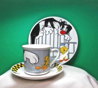 Tweety Bird & Sylvester Cup Mug Saucer Plate Ceramic Looney Tunes Gibson 1999