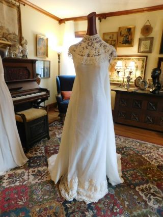 Stunning White Vintage Cotton Gauze/lace Fitted Lace Gown Detachable Train Sz 8
