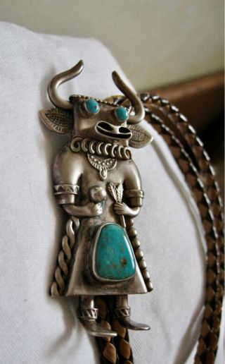 Vintage Bolo Tie By Frieda Santiago Sterling Silver Turquoise Kachina