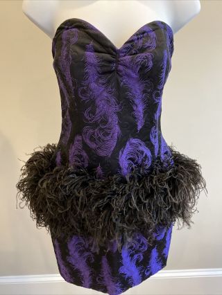Vintage Patrick Kelly 1980’s Purple Brocade Dress W/ Ostrich Feathers France 42