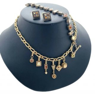 Vtg Patricia Locke Gold Crystal Chain Bracelet Earrings Necklace Set Runway - 7