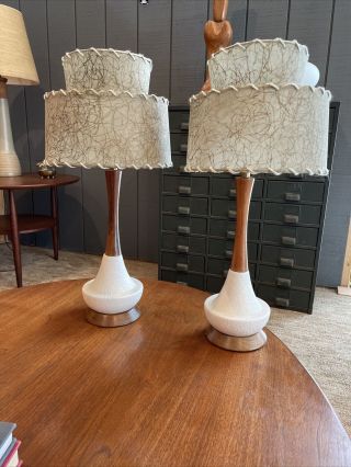 2 Vtg Danish Mid Century Modern Lamps Textured Ceramic Teak Wood 50s 60s Pair