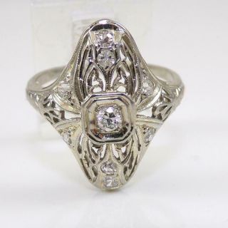 Vtg Antique Art Deco 18k White Gold Ring Filigree Diamond Size 7 Lfl3