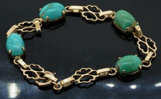 Vintage 14k Yellow Gold 8.  5 X 11.  5mm Natural Turquoise Link Bracelet