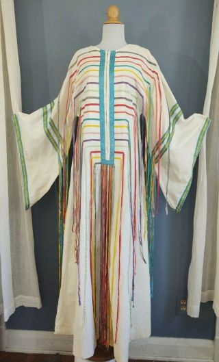 Vintage Josefa Mexico Anna Villa Dress Rainbow Ribbon Cotton Caftan Bell Sleeve