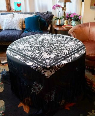 Large Gorgeous Vintage Cantonese Embroidered Black Silk Piano Shawl White Roses