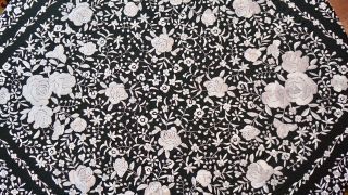 Large Gorgeous Vintage Cantonese Embroidered Black Silk Piano Shawl White Roses 4