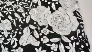 Large Gorgeous Vintage Cantonese Embroidered Black Silk Piano Shawl White Roses 6