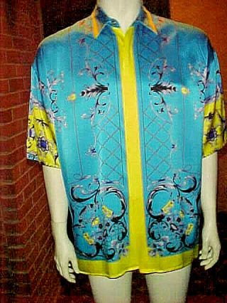 Vintage Mens Creme De Silk Short Sleeve Baroque Turquoise Silk Shirt Large