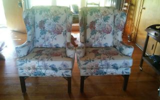 Vtg Set William Allen 1997 Wingback Floral Chairs Funiture Pair Can Ship