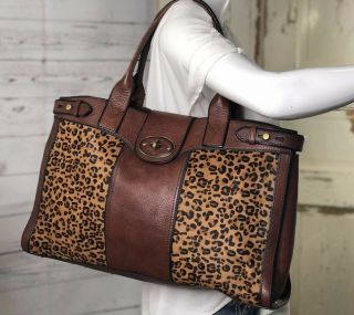 FOSSIL Vintage Reissue Weekender Leopard Cheetah Brown Leather Shoulder Handbag 3