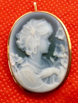 Vintage 14k Solid Yellow Gold Framed Blue Agate Cameo Pin Pendant
