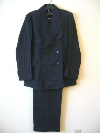 Vintage 1940s Mens Double Breasted Wool Blue Pinstripe Suit