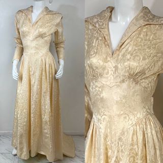 True Vintage 1940s Bridal Gown Brocade Long Sleeve Old Hollywood Glamour Small