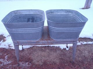 Vintage Johnson Galvanized Steel Double Wheeling Wash Tubs,  Planter,  Flower Pot