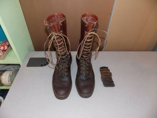 Vintage Size 9 Brown Leather Work Lineman Engineer Paratrooper Boots 14 " Tall