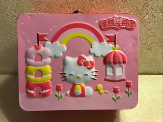 Hello Kitty Pink Mini Tin Lunch Box Sanrio Cake House & Rainbow 2013