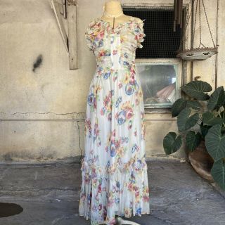 Vintage 1930s Colorful Floral Print Maxi Dress Ruffles Off The Shoulder Ruching