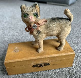 Rare Antique Steiff Velvet Cat Kitten Non Jointed 3” On Box Germany Look