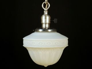 Vintage 1920 Victorian Silver Plate Pendant Light Fixture Satin Milk Glass Shade 5