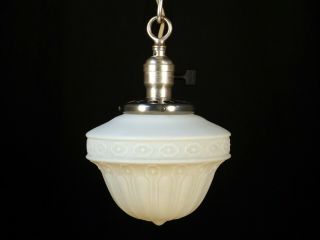 Vintage 1920 Victorian Silver Plate Pendant Light Fixture Satin Milk Glass Shade 6