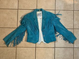Vintage Women’s Pioneer Wear Leather Jacket Fringe Size 8/m - 3 Button Turquoise