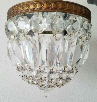 Vintage Brass Crystal Beaded Basket Chandelier,  Flush Mount Ceiling Light / 8 " 2
