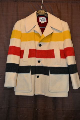 Vintage Woolrich Hudson Bay Point Stripe Blanket Wool Coat Jacket Sz 40