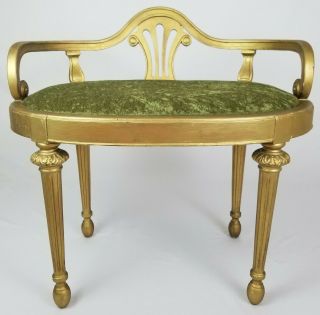Vintage French Louis Xvi Carved Wood Gilt Vanity Bench Chair Velvet Upholstery