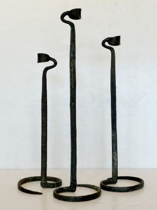Set Of 3 Antique Vintage Folk Art Nouveau Arts Crafts Wrought Iron Candlesticks