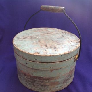 Antique Swing Handled Pantry Box In Old Blue Paint With Wooden Bail Grip 9 1/2 "