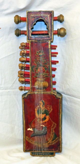 Vtg Hand Painted Medieval Doshpuluur Wooden String Instrument,  Guitar,  Topshur