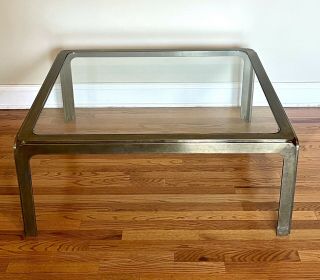 Vintage Mid - Century Modern Brass & Large Square Glass Top Coffee Table Antique
